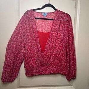 CeCe Red and Pink Beautiful Vibrant V Neck Blouse Size M